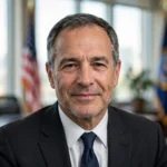 Photo-realistic artist's rendering of Caleb James Goddard, a man in his mid-50s in a dark suit in a government office