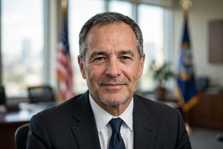 Photo-realistic artist's rendering of Caleb James Goddard, a man in his mid-50s in a dark suit in a government office