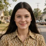 Photo-realistic artist's rendering of Priscilla Esterline as a young woman in the early 1970s, on a small-town street