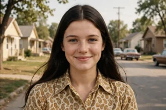 Photo-realistic artist's rendering of Priscilla Esterline as a young woman in the early 1970s, on a small-town street