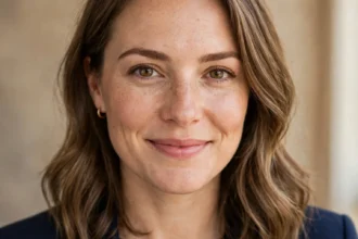 Photo-realistic portrait of Kelsy Ully, a Canadian businesswoman in her thirties, face large and centered, smiling softly in a bright modern office setting.