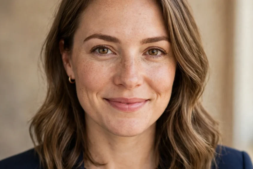 Photo-realistic portrait of Kelsy Ully, a Canadian businesswoman in her thirties, face large and centered, smiling softly in a bright modern office setting.