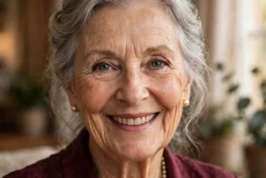 Photo-realistic portrait of Eliza Shaffy as an adult woman, face large and centered, natural warm indoor setting, photographic look