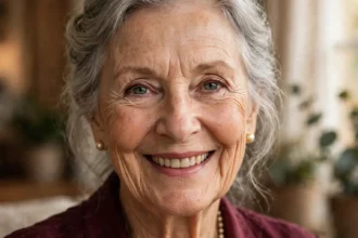 Photo-realistic portrait of Eliza Shaffy as an adult woman, face large and centered, natural warm indoor setting, photographic look