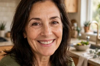 Photo-realistic portrait of Aliza Barber, wife of actor Lance Barber, smiling in a warm kitchen setting
