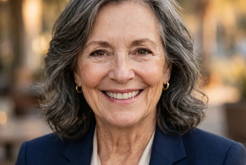 Photo-realistic portrait of Paula Profit, an American woman in her late fifties with a warm smile, face large and centered, in a bright California home setting